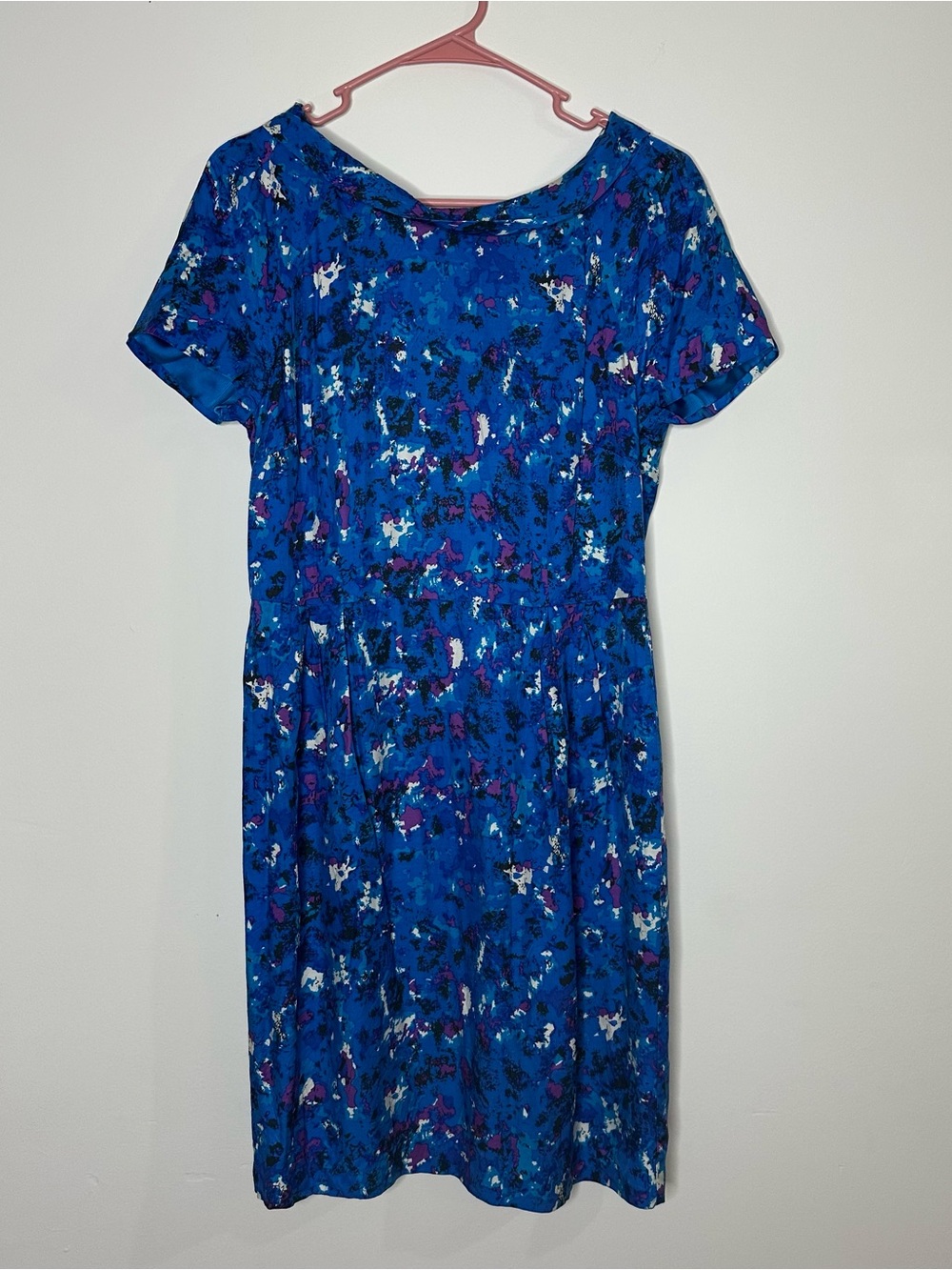 Boden Dress 8R Blue Abstract Print Silk Blend Twill Rolled Collar Sheath Dress